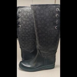 Womens Coach Signature Collection Black Jacquard Back Lace Up‎ Rain Boots Size 8